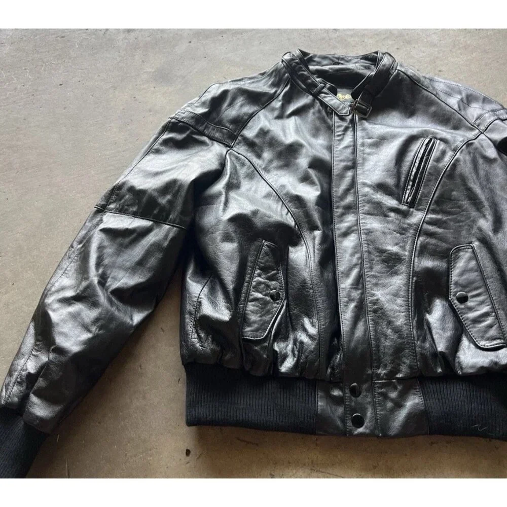Vintage Reed Leather Black Motorcycle Plaid Lined Jacket Men’s Sz Large 48